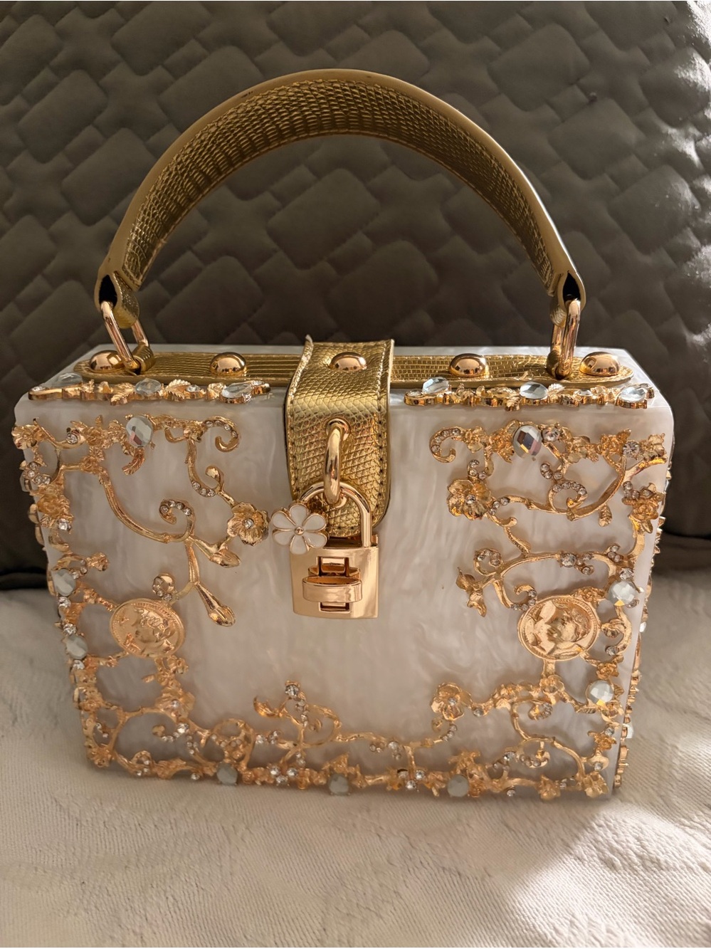 Gold-Accented White Evening Box Bag